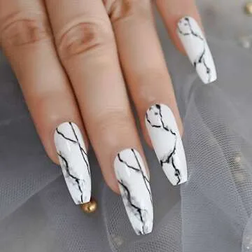 CoolNail White Black Gradient Marble Press on False Nails Extra Long Ballerina Coffin UV Gel Glue On Fake Fingersnails Extention Tool
