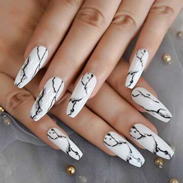 CoolNail White Black Gradient Marble Press on False Nails Extra Long Ballerina Coffin UV Gel Glue On Fake Fingersnails Extention Tool