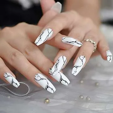 CoolNail White Black Gradient Marble Press on False Nails Extra Long Ballerina Coffin UV Gel Glue On Fake Fingersnails Extention Tool