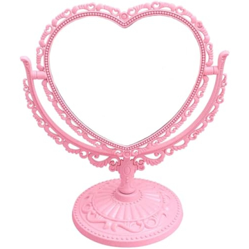 D&XQAUO Pink Heart Shaped Mirror - Coquette Room Decor for Desk, Vanity & Bathroom - Cute Table Mirr...