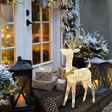 EAMBRITE 48” 70 LT Pre-Lit Christmas Glittering Reindeer with Gold Jingle Bell and Twinkle Light O...