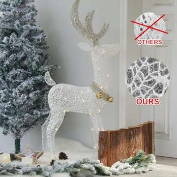 EAMBRITE 48” 70 LT Pre-Lit Christmas Glittering Reindeer with Gold Jingle Bell and Twinkle Light Outdoor Holiday Mesh Standing Buck Deer Decorations for Home Lawn Yard Garden Indoor Outdoor Plug in