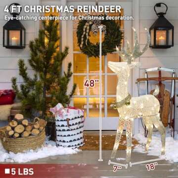 EAMBRITE 48” 70 LT Pre-Lit Christmas Glittering Reindeer with Gold Jingle Bell and Twinkle Light Outdoor Holiday Mesh Standing Buck Deer Decorations for Home Lawn Yard Garden Indoor Outdoor Plug in