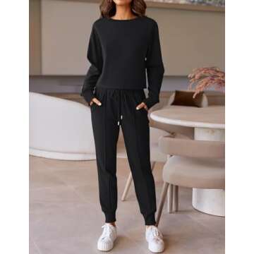ZESICA Women's Long Sleeve Crop Top and Pants Pajama Sets 2 Piece Jogger Long Sleepwear Loungewear Pjs Sets,Black,Small