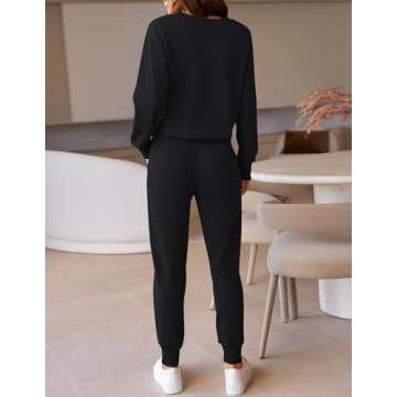 ZESICA Women's Long Sleeve Crop Top and Pants Pajama Sets 2 Piece Jogger Long Sleepwear Loungewear Pjs Sets,Black,Small