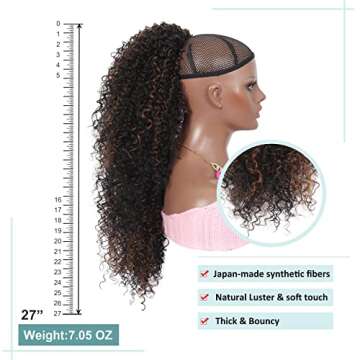 Youthfee 27” Drawstring Ponytail Deep Curly Heat Resistant Synthetic Instant Clip Ponytail Extensi...
