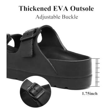 Womens Black Platform Sandals with Arch Support, Adjustable Double Buckle EVA Slides, Comfort Lightweight Ultra Cushion Wedge Sandal