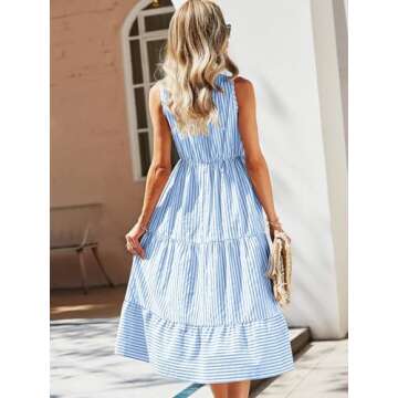 Floerns Women's Striped Print Notched Neck Sleeveless Ruffle A Line Midi Dress Blue M