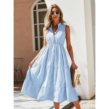 Floerns Striped Notched Neck Midi Dress for Women