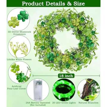 Thick & Timer - St Patricks Day Decorations, 18 Inch St Patricks Day Shamrock Wreaths for Front Door...