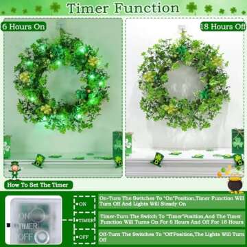 Thick & Timer - St Patricks Day Decorations, 18 Inch St Patricks Day Shamrock Wreaths for Front Door with 20 Green Lights Glitter Clover Berries Irish St. Patrick's Day Decor for Home Wall Window Door