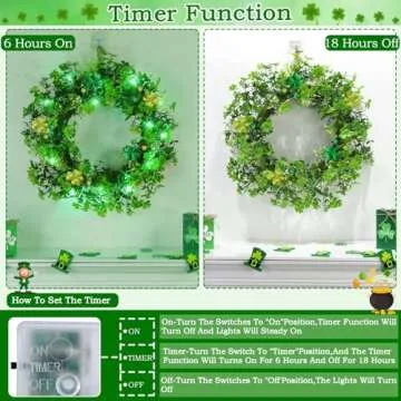 Thick & Timer - St Patricks Day Decorations, 18 Inch St Patricks Day Shamrock Wreaths for Front Door with 20 Green Lights Glitter Clover Berries Irish St. Patrick's Day Decor for Home Wall Window Door