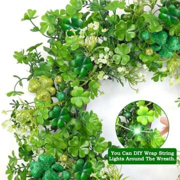 Thick & Timer - St Patricks Day Decorations, 18 Inch St Patricks Day Shamrock Wreaths for Front Door with 20 Green Lights Glitter Clover Berries Irish St. Patrick's Day Decor for Home Wall Window Door