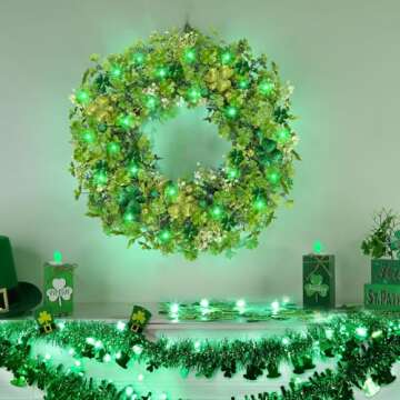Thick & Timer - St Patricks Day Decorations, 18 Inch St Patricks Day Shamrock Wreaths for Front Door with 20 Green Lights Glitter Clover Berries Irish St. Patrick's Day Decor for Home Wall Window Door