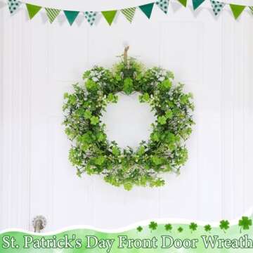 Thick & Timer - St Patricks Day Decorations, 18 Inch St Patricks Day Shamrock Wreaths for Front Door with 20 Green Lights Glitter Clover Berries Irish St. Patrick's Day Decor for Home Wall Window Door