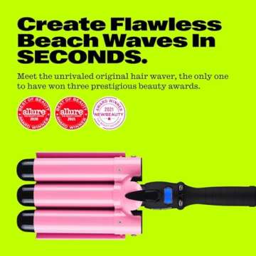 Trademark Beauty Three Barrel Hair Waver, Curling Iron, 1.25 Inch, Beach Waves, Adjustable Temperature Hair Curler, Babe Waves Jumbo - Pink