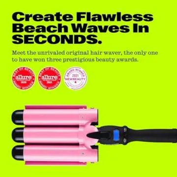 Trademark Beauty Three Barrel Hair Waver, Curling Iron, 1.25 Inch, Beach Waves, Adjustable Temperature Hair Curler, Babe Waves Jumbo - Pink