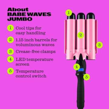 Trademark Beauty Three Barrel Hair Waver, Curling Iron, 1.25 Inch, Beach Waves, Adjustable Temperature Hair Curler, Babe Waves Jumbo - Pink