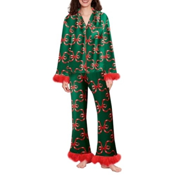 Thopavenoir Christmas Pajamas Set for Women Satin Silk Feather Trim Pajamas Outfits Long Sleeve Sant...