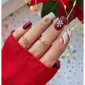 Christmas Press on Nails Winter Medium Square Full Cover Fake Nails Matte Artificial Nails Xmas Acry...