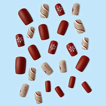 Christmas Press on Nails Winter Medium Square Full Cover Fake Nails Matte Artificial Nails Xmas Acrylic Fake Nails Snowflake Cute Pattern Stripe Stick on Nails for Women Glitter Manicure 24Pcs