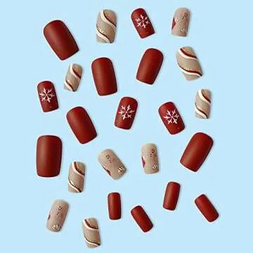 Christmas Press on Nails Winter Medium Square Full Cover Fake Nails Matte Artificial Nails Xmas Acrylic Fake Nails Snowflake Cute Pattern Stripe Stick on Nails for Women Glitter Manicure 24Pcs