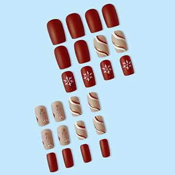 Christmas Press on Nails Winter Medium Square Full Cover Fake Nails Matte Artificial Nails Xmas Acrylic Fake Nails Snowflake Cute Pattern Stripe Stick on Nails for Women Glitter Manicure 24Pcs