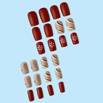 Christmas Press on Nails Winter Medium Square Full Cover Fake Nails Matte Artificial Nails Xmas Acrylic Fake Nails Snowflake Cute Pattern Stripe Stick on Nails for Women Glitter Manicure 24Pcs