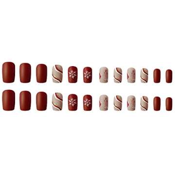 Christmas Press on Nails Winter Medium Square Full Cover Fake Nails Matte Artificial Nails Xmas Acrylic Fake Nails Snowflake Cute Pattern Stripe Stick on Nails for Women Glitter Manicure 24Pcs