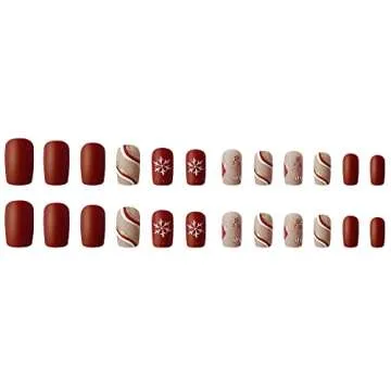 Christmas Press on Nails Winter Medium Square Full Cover Fake Nails Matte Artificial Nails Xmas Acrylic Fake Nails Snowflake Cute Pattern Stripe Stick on Nails for Women Glitter Manicure 24Pcs