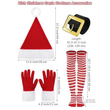 SOMSOC 5 Pack Women Mrs Claus Christmas Costume Set Velvet Dress with Belt Striped Over Knee High So...