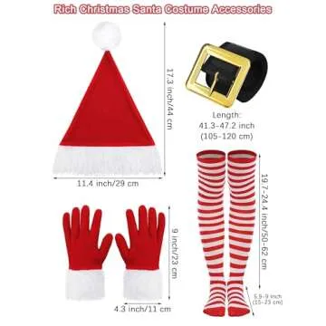 SOMSOC 5 Pack Women Mrs Claus Christmas Costume Set Velvet Dress with Belt Striped Over Knee High So...