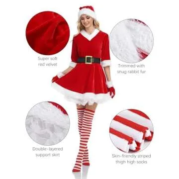 SOMSOC 5 Pack Women Mrs Claus Christmas Costume Set Velvet Dress with Belt Striped Over Knee High Socks Santa Hat Gloves