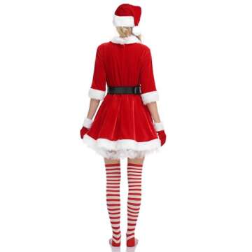 SOMSOC 5 Pack Women Mrs Claus Christmas Costume Set Velvet Dress with Belt Striped Over Knee High Socks Santa Hat Gloves