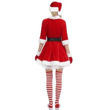 SOMSOC 5 Pack Women Mrs Claus Christmas Costume Set Velvet Dress with Belt Striped Over Knee High Socks Santa Hat Gloves