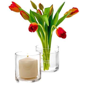 Set of 2 Glass Cylinder Vases 5 Inch Tall X 5 Inch Round - Multi-use: Pillar Candle, Floating Candles Holders or Flower Vase – Perfect as a Wedding Centerpieces.