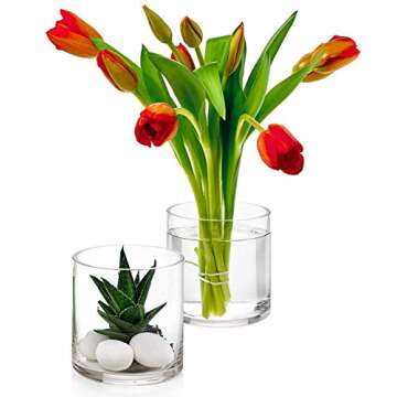Set of 2 Glass Cylinder Vases 5 Inch Tall X 5 Inch Round - Multi-use: Pillar Candle, Floating Candles Holders or Flower Vase – Perfect as a Wedding Centerpieces.