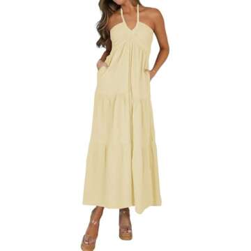 Amysister Women's Casual Summer Sleeveless Halter Maternity Maxi Vacation Dress with Pockets Beige S