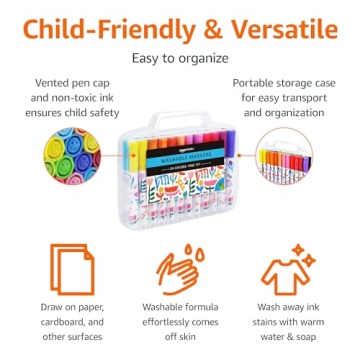 Amazon Basics Washable Markers for Kids - 24 Pack of Fine Tip Colors