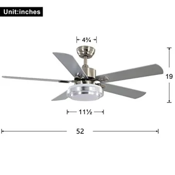 FINXIN 52" Brushed Nickel Ceiling Fan LED Light Remote