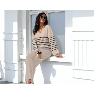 ETCYY NEW Womens 2 Piece Outfits Sweater Lounge Set Casual V Neck Knit Pajama Set Long Sleeve Top Wide Leg Pants Loungewear