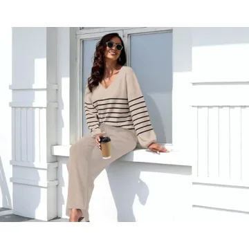 ETCYY NEW Womens 2 Piece Outfits Sweater Lounge Set Casual V Neck Knit Pajama Set Long Sleeve Top Wide Leg Pants Loungewear