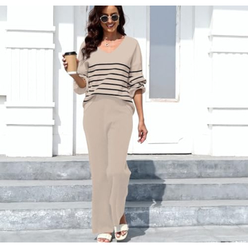 ETCYY NEW Womens 2 Piece Outfits Sweater Lounge Set Casual V Neck Knit Pajama Set Long Sleeve Top Wide Leg Pants Loungewear