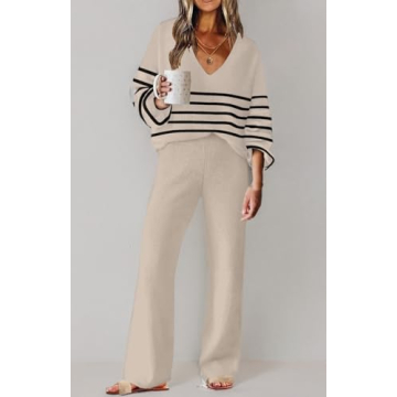 ETCYY NEW Womens 2 Piece Outfits Sweater Lounge Set Casual V Neck Knit Pajama Set Long Sleeve Top Wide Leg Pants Loungewear
