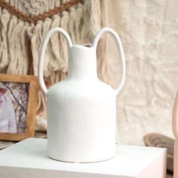 Mowtanco White Ceramic Vase with 2 Handles, Modern Farmhouse Vase for Home Decor, Decorative Pottery Flower Vase, Clay Matte Vase, Centerpieces for Dining Table - 10 Inch Tall