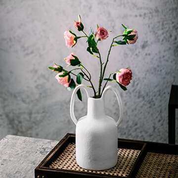 Mowtanco White Ceramic Vase with 2 Handles, Modern Farmhouse Vase for Home Decor, Decorative Pottery Flower Vase, Clay Matte Vase, Centerpieces for Dining Table - 10 Inch Tall