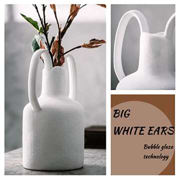 Mowtanco White Ceramic Vase with 2 Handles, Modern Farmhouse Vase for Home Decor, Decorative Pottery Flower Vase, Clay Matte Vase, Centerpieces for Dining Table - 10 Inch Tall