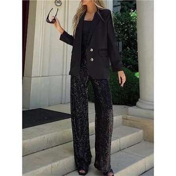 Alyweatry Women Sequin Bell Bottom Pants Glitter Sparkle High Waist Wide Leg Trousers Night Out Clubwear (A-Black, M)