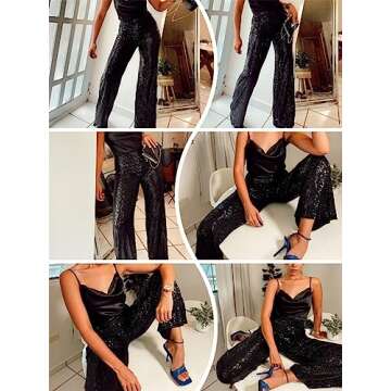 Alyweatry Women Sequin Bell Bottom Pants Glitter Sparkle High Waist Wide Leg Trousers Night Out Clubwear (A-Black, M)
