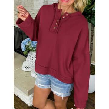 PRETTYGARDEN Womens Cropped Sweatshirt Hoodies Long Sleeve V Neck Button Hooded Pullover Tops 2024 F...